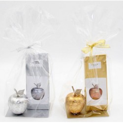 5373A Set cadeaux avec déco pomme en bois argent et dorée et 100g de thé