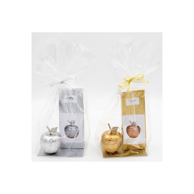 5373A Set cadeaux avec déco pomme en bois argent et dorée et 100g de thé