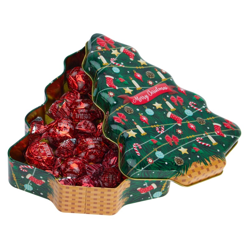 1931 Boîte sapin de Noël en métal avec chocolat